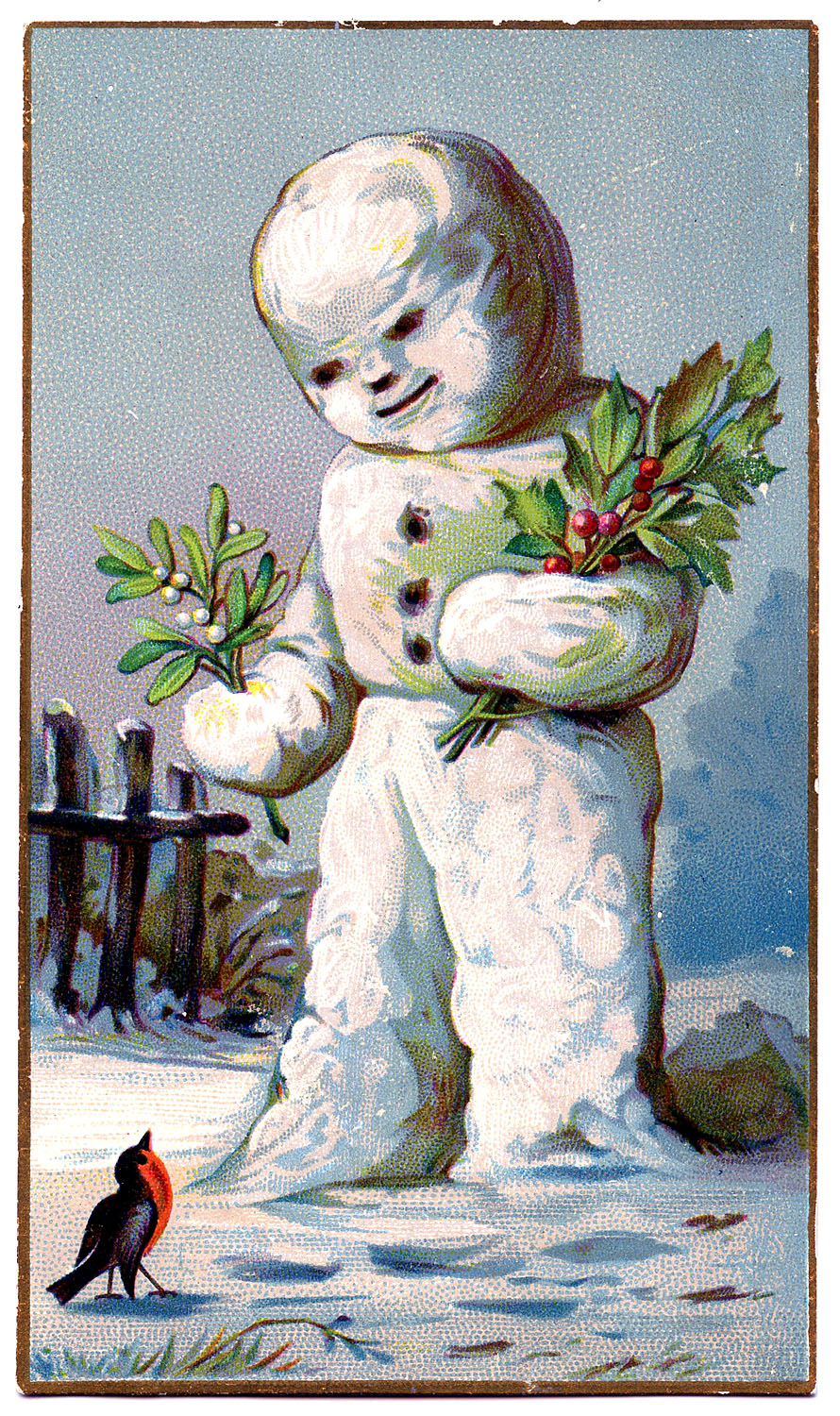 Vintage Christmas Graphic - Snowman with Holly - The Graphics Fairy