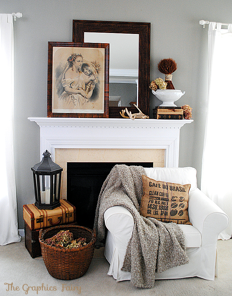 Fall Mantel Ideas - Our Vintage Mantel - The Graphics Fairy
