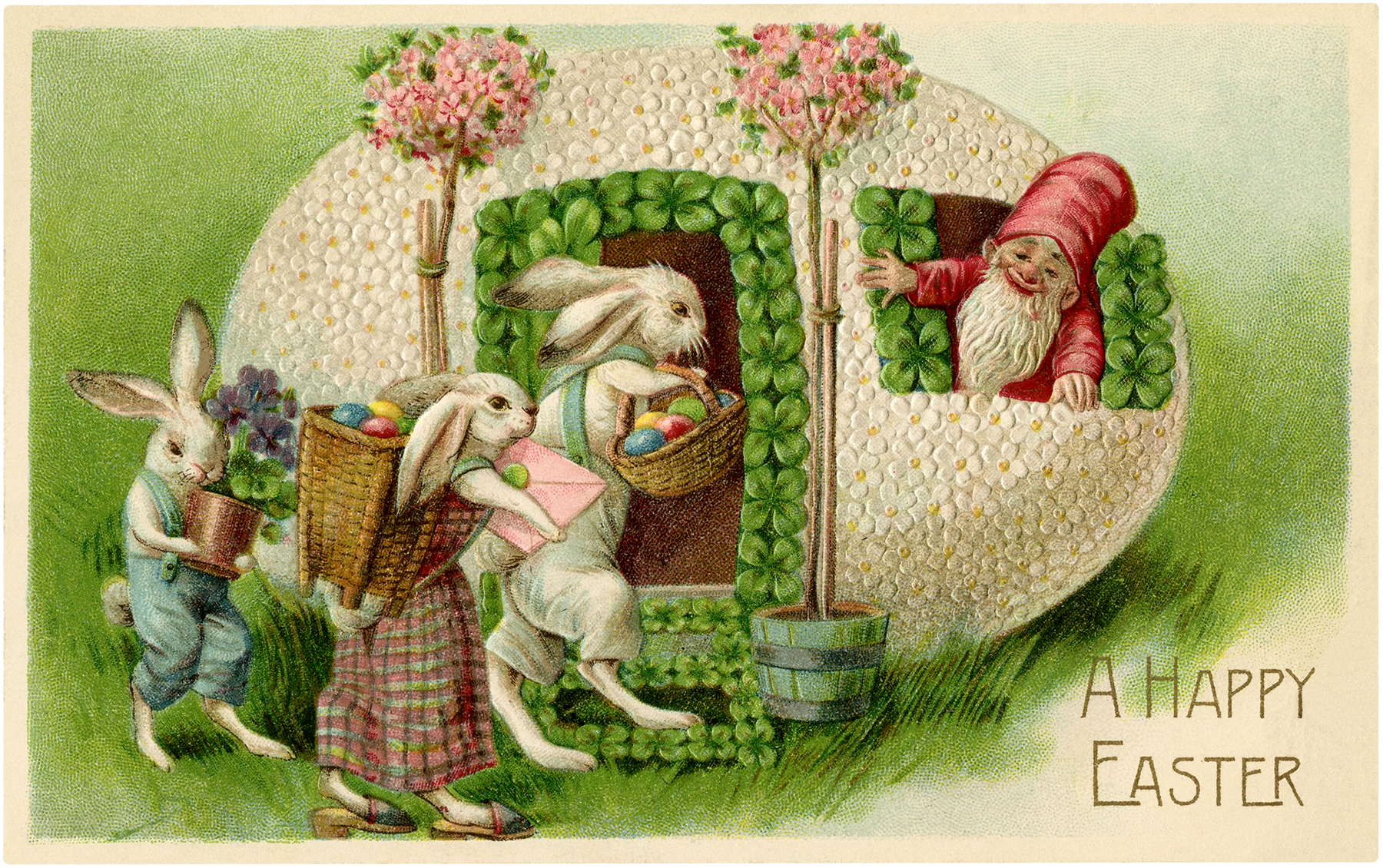 Vintage Easter Bunnies And Gnome Image The Graphics Fairy