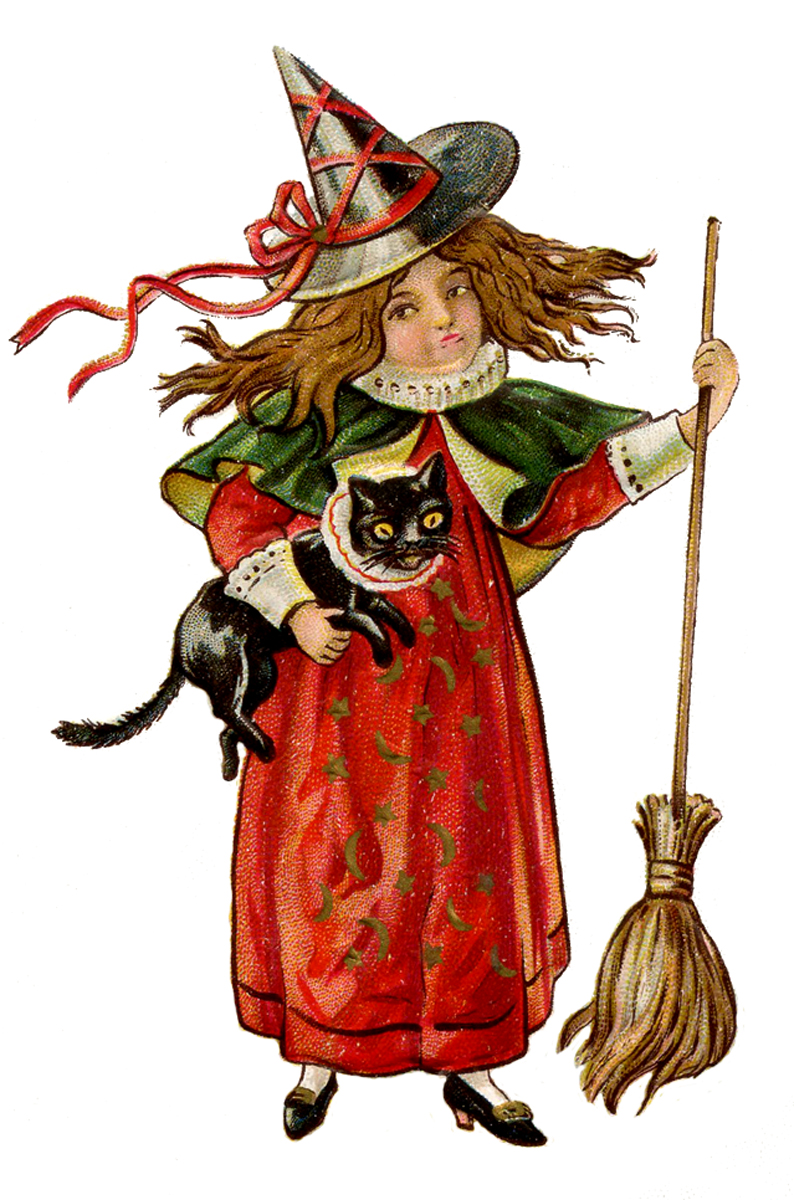 Antique Halloween Image - Little Witch Girl with Cat - The ...