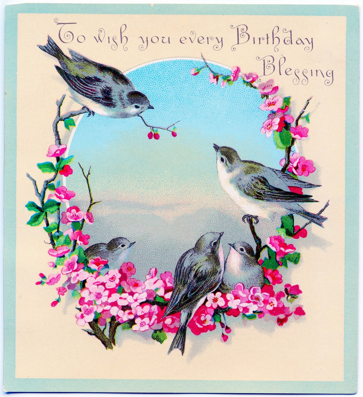 Vintage Clip Art Image Sweet Birds with Flowers Birthday Greeting ...