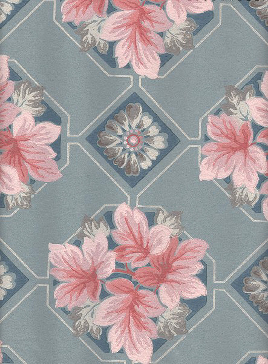 1940s Vintage Wallpaper Pink and White Floral on White Stripe