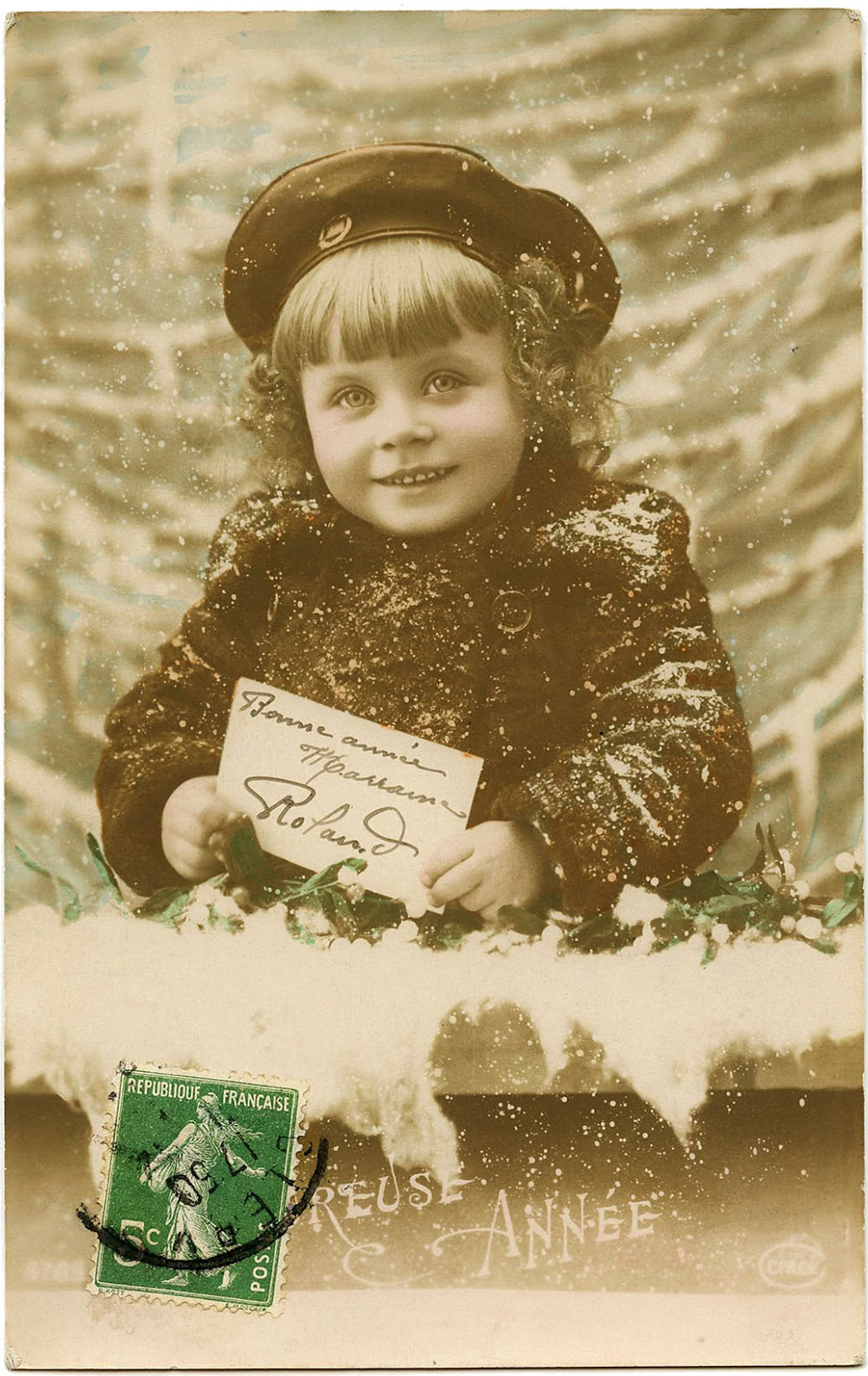 Bonne Année French Postcard Cute Girl holding Piglets Happy New Year Posted Vintage