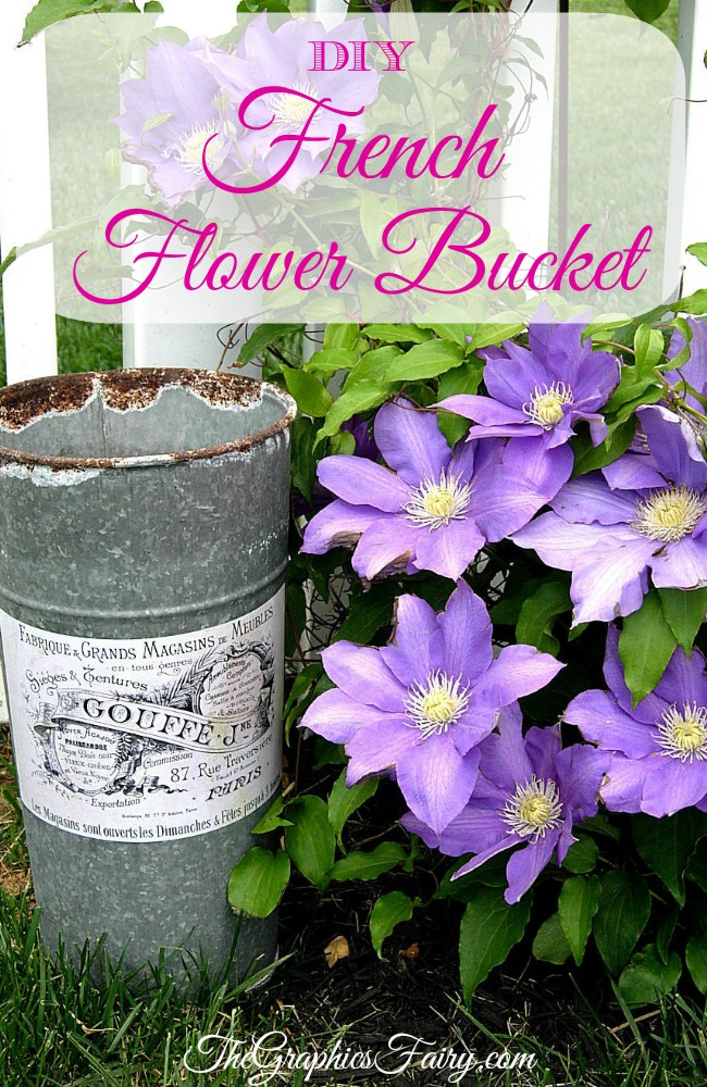 Picture of finished DIY French Flower Bucket with Purple Clematis flowers