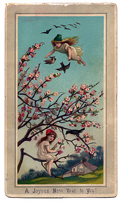 Victorian New Year Graphic Fairy Girls with Cherry 