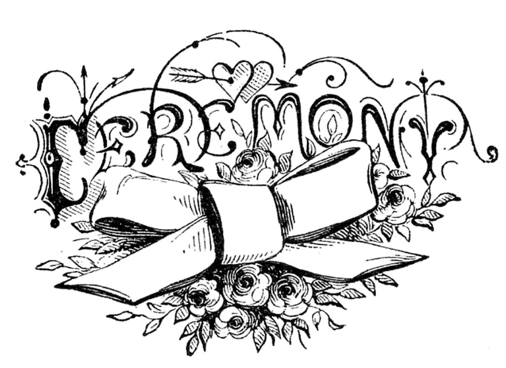 Wedding Typography with the word Ceremony and a ribbon, hearts and flowers