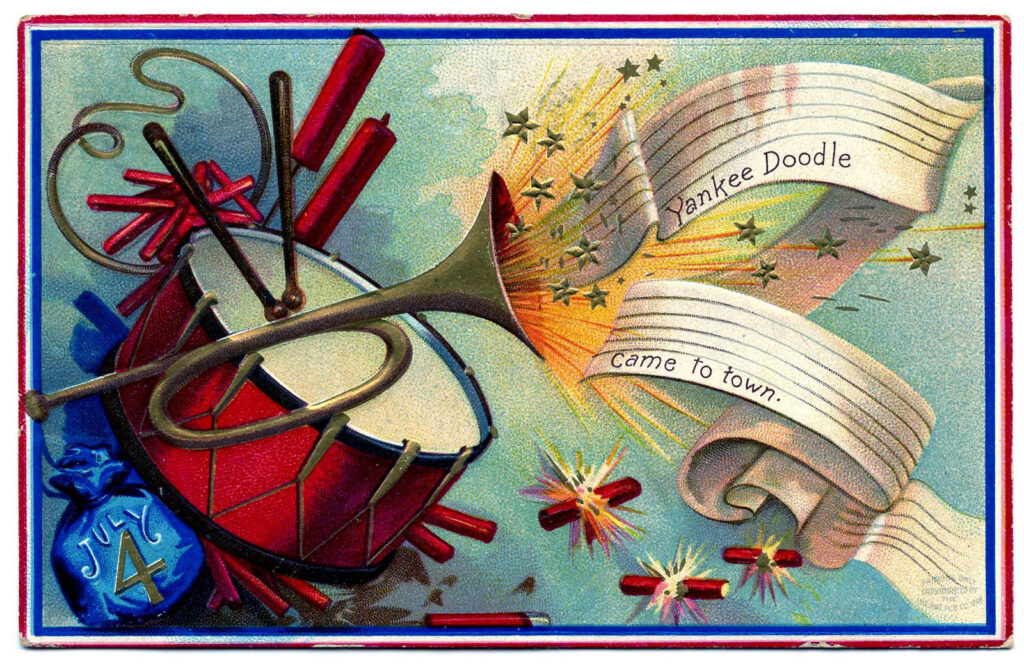 4th of July Patriotic Image showing Drum and Trumpet and fireworks