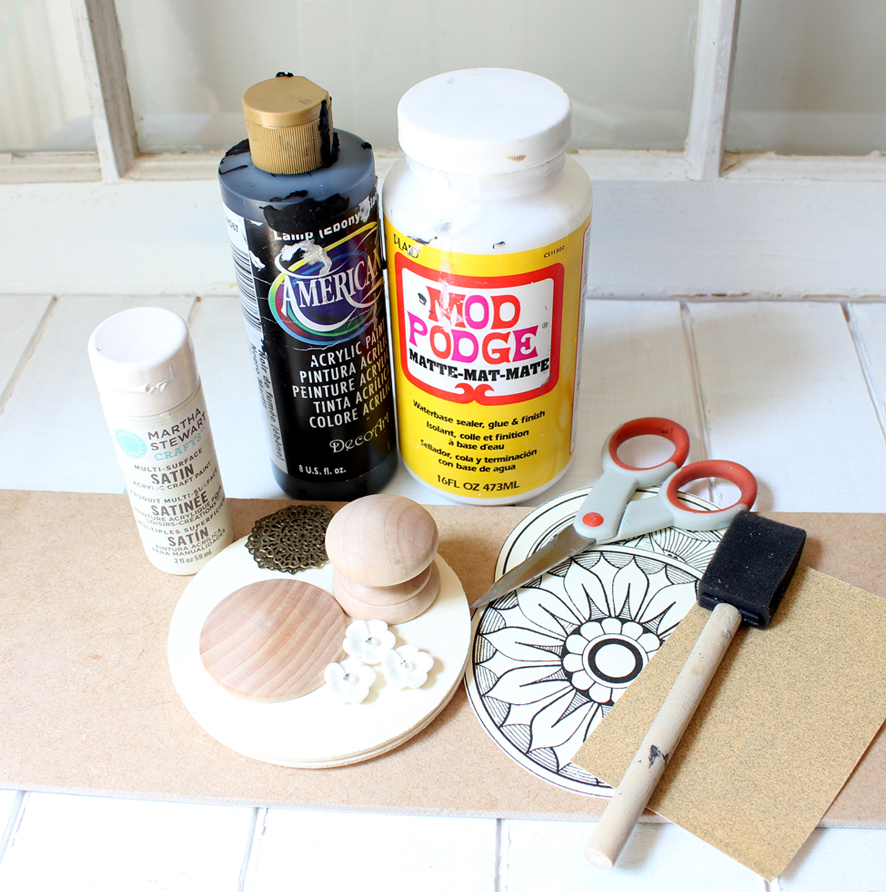 Supplies for Coat Rack including Paint, Mod Podge and Brush