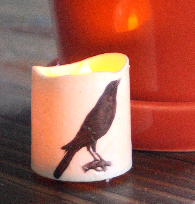 Close up of Candle with spooky Crow