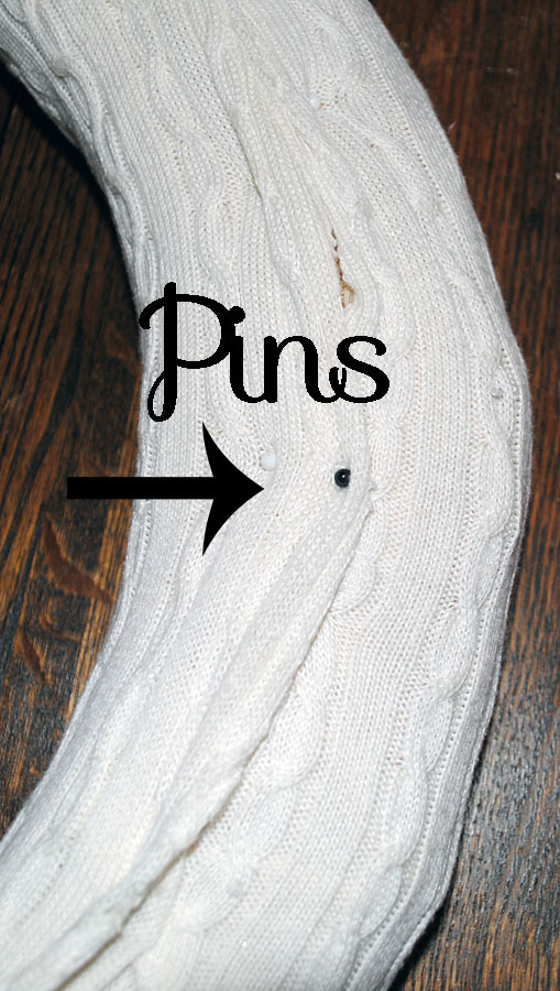 Pinning sweater to wreath form