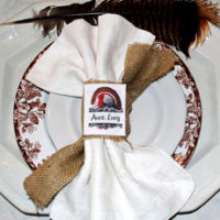 Napkin on plate with turkey napkin ring and feather