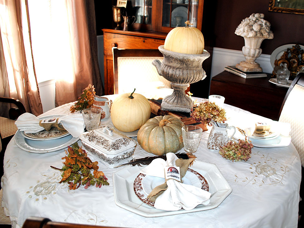 Close up of Thanksgiving Tablescape with Pumpkins