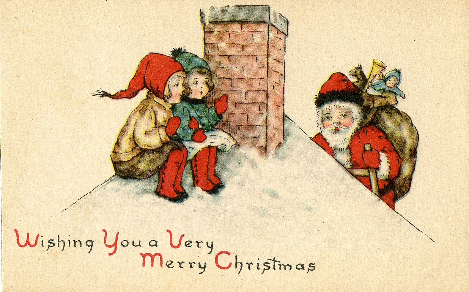 Vintage Christmas Image - Cute Santa on Roof with Kids - The Graphics Fairy