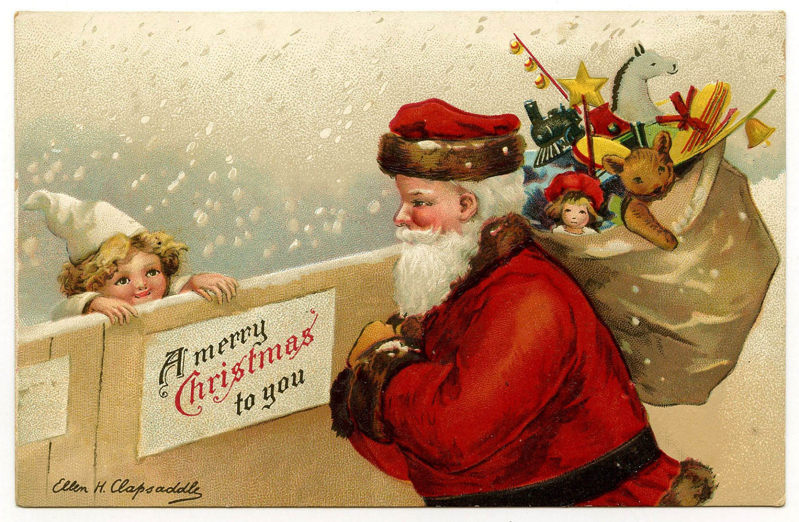 Antique Image - Santa in Snow with cute Child - The Graphics Fairy