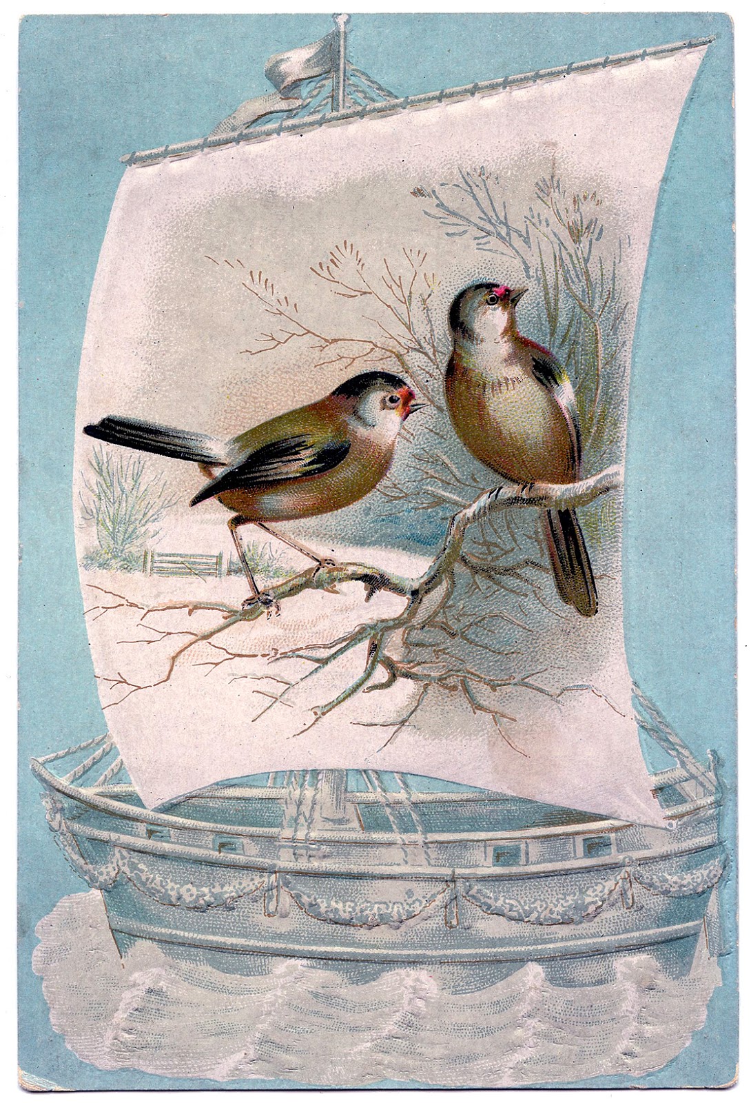 Vintage Image - Winter Birds on Sailboat - The Graphics Fairy