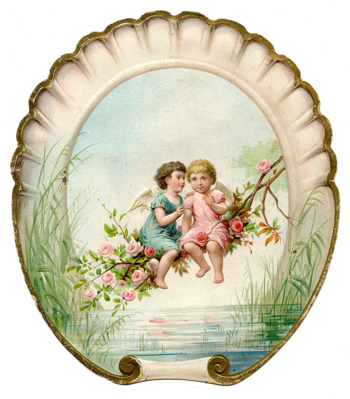 Old Image Cherubs With Seashell Frame The Graphics Fairy   Cherub Images Vintage GraphicsFairy1 