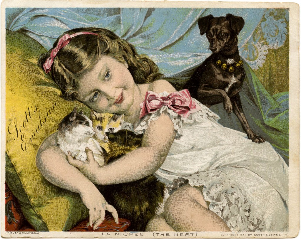 Vintage Girl with Pets Clipart