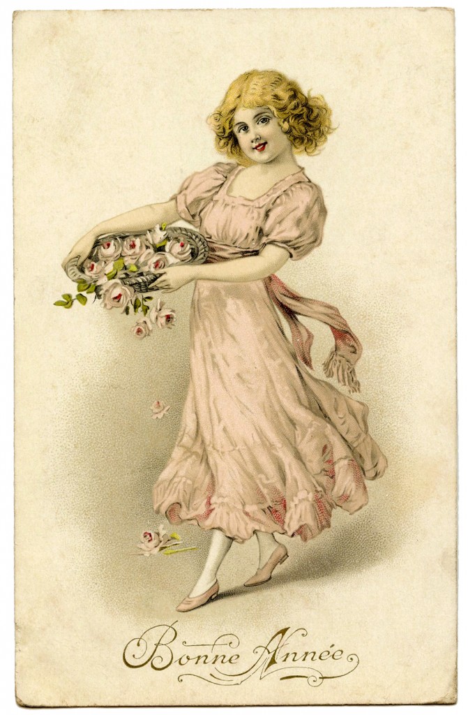 Vintage Graphic Girl with Pink Roses The Graphics Fairy