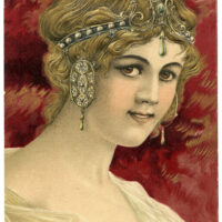 Art Nouveau Lady Image with Hair Jewelry and Red Background