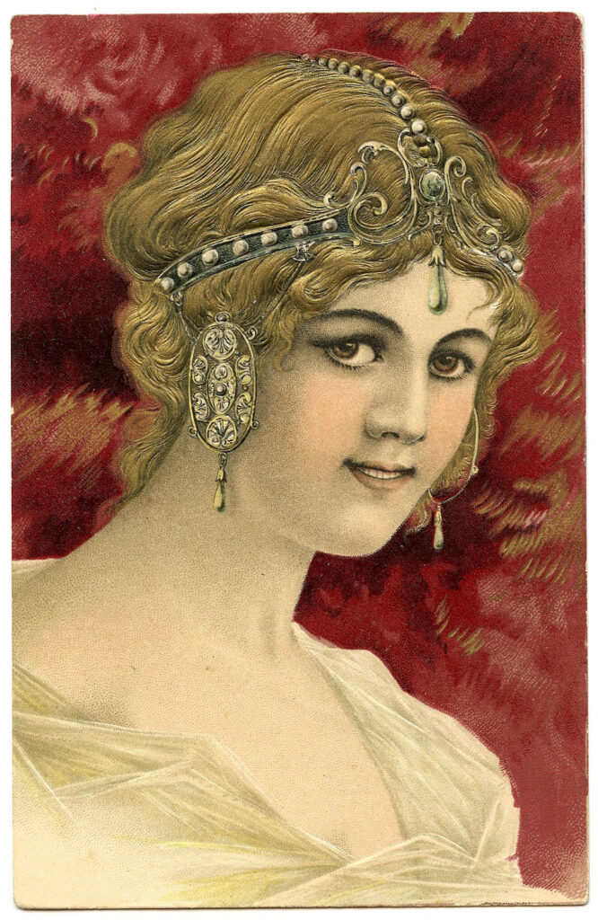 Art Nouveau Lady Image with Hair Jewelry and Red Background