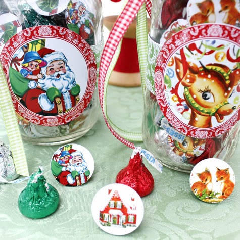 Holiday candy labels on jars with kisses