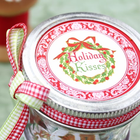 Holiday candy labels on jars with kisses mason jar lid