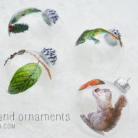 glass ornaments with leaves and animals