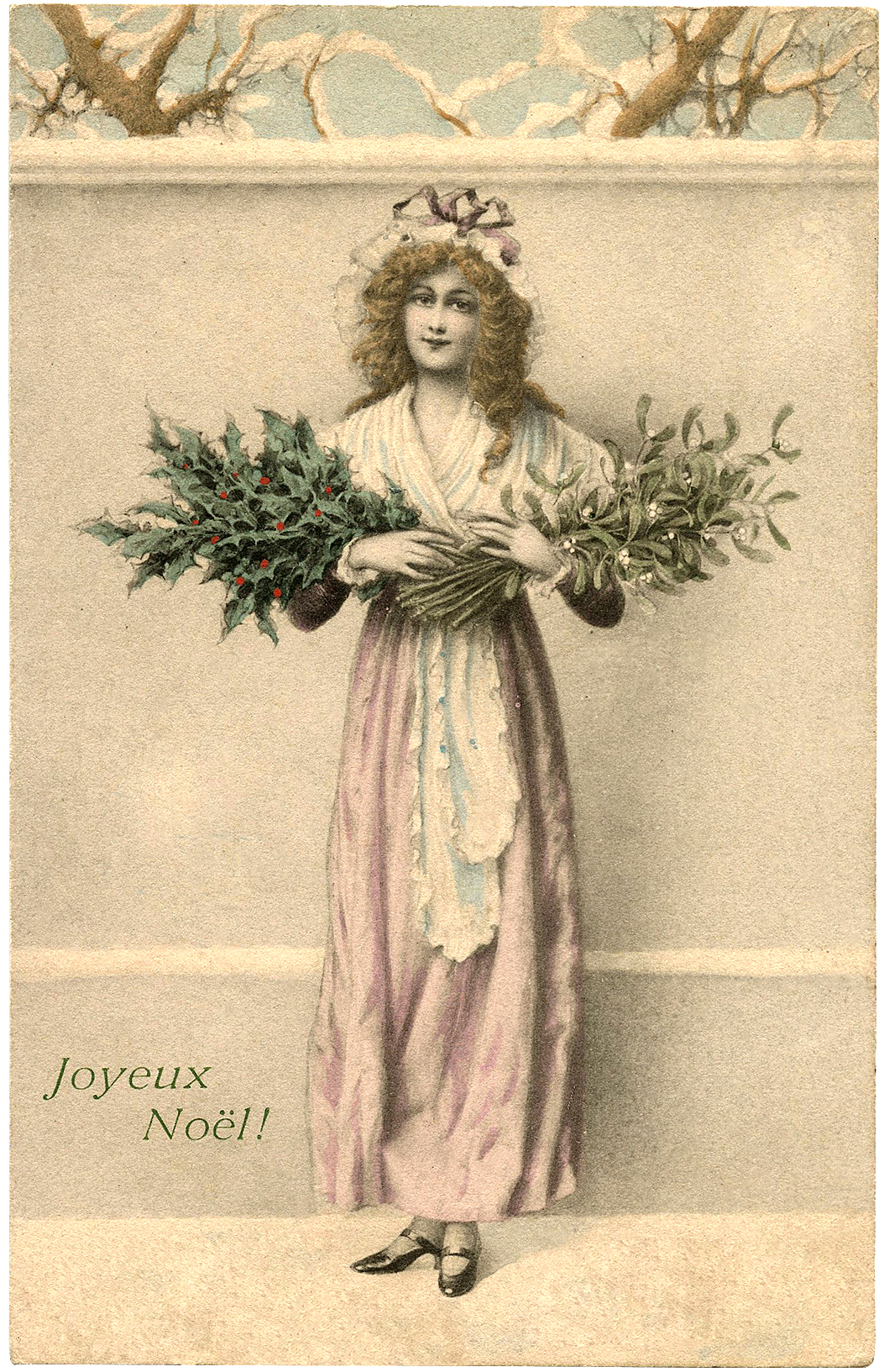 Lady with Holly and Mistletoe Image - The Graphics Fairy