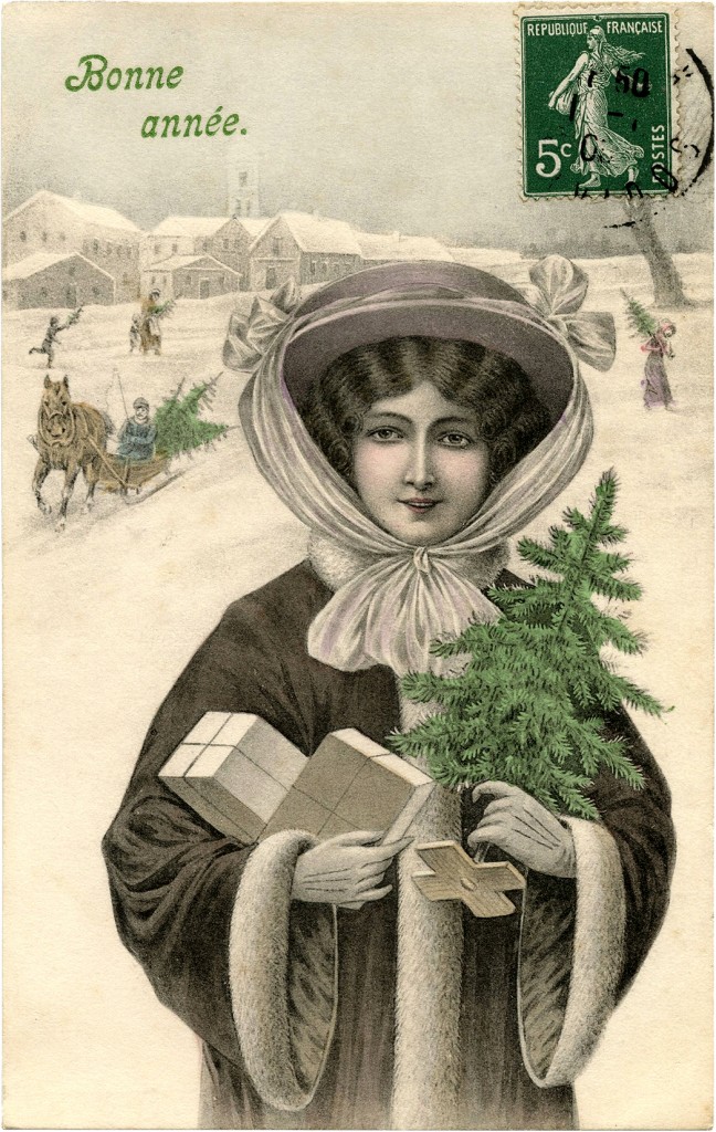 Lady Carrying Tiny Christmas Tree and Packages
