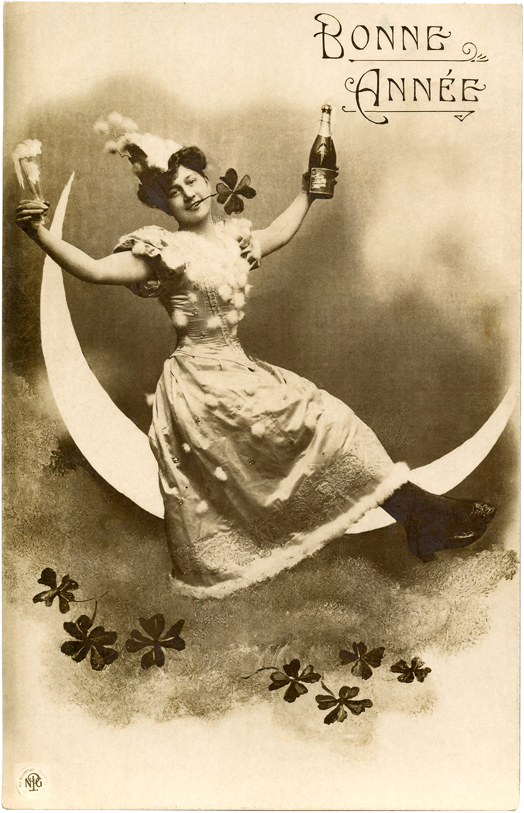 Antique French Postcard \u2018Bonne Annee\u2019 Beautiful Girl with Chiffon Dress Hand Painted Real Photograph 1918