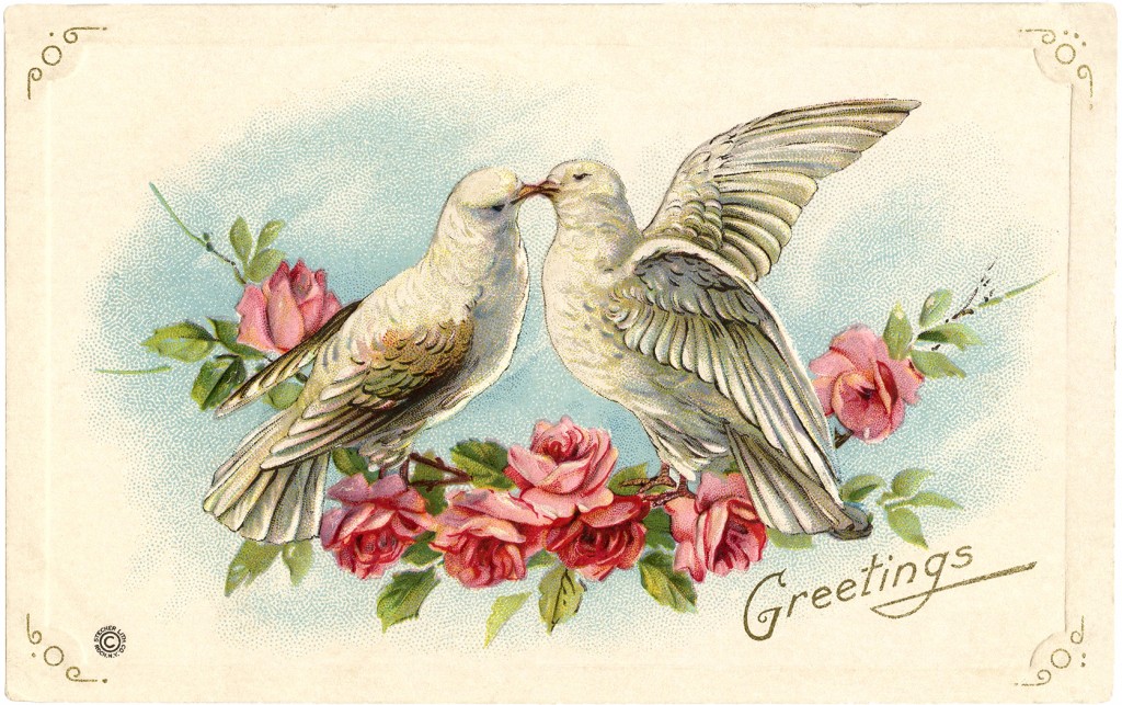 Old Valentine Picture - Doves and Roses - The Graphics Fairy