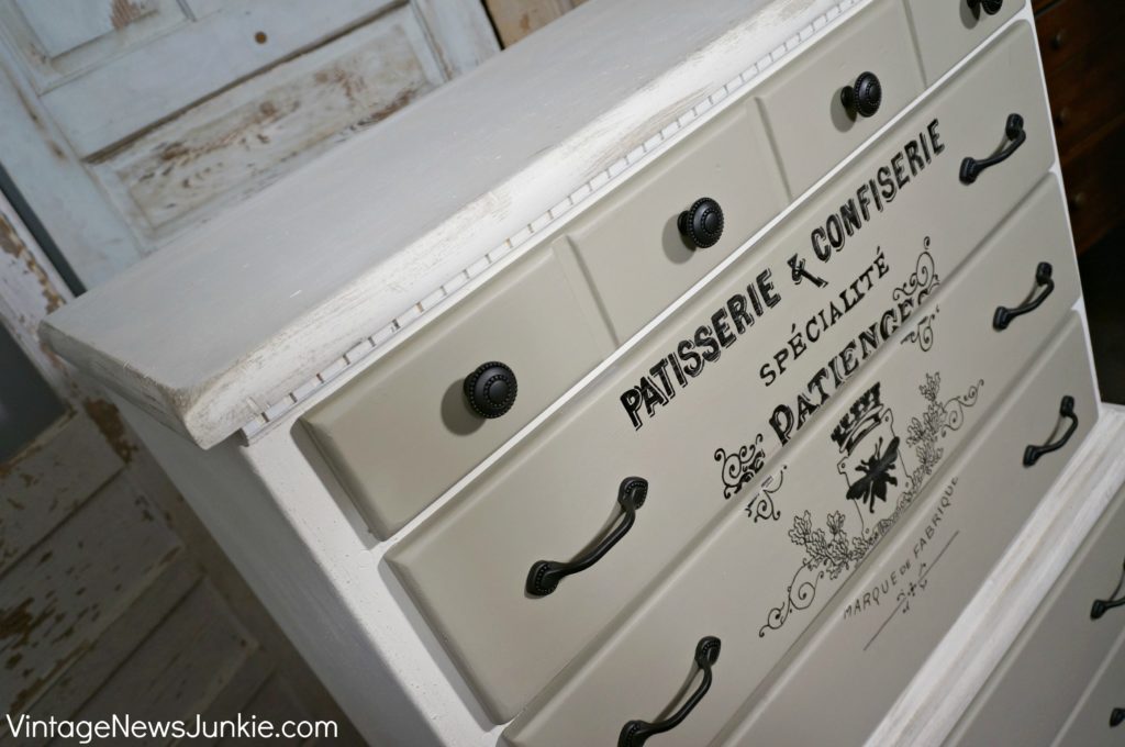 close up of painted dresser with image transfer