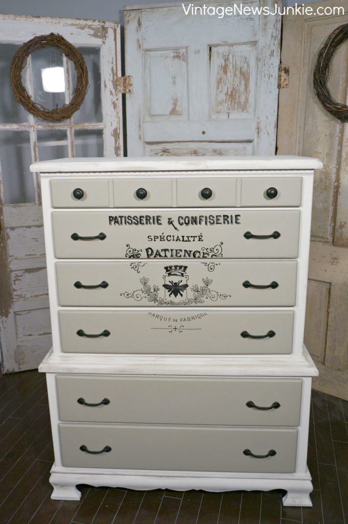 chalk painted dresser with wreath and bee with french text motif
