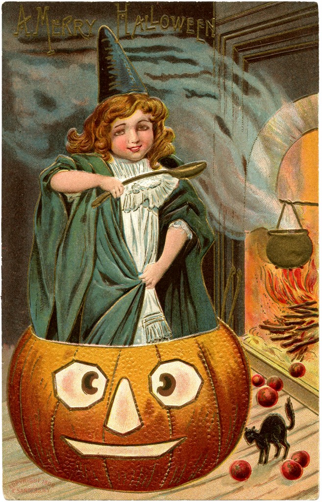  Vintage  Halloween Picture Cute Witch with Pumpkin The 