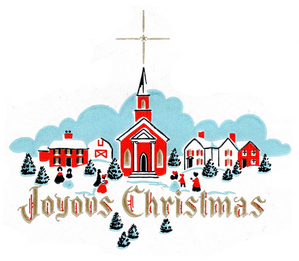 Adorable Retro Christmas Church Scene! The Graphics Fairy