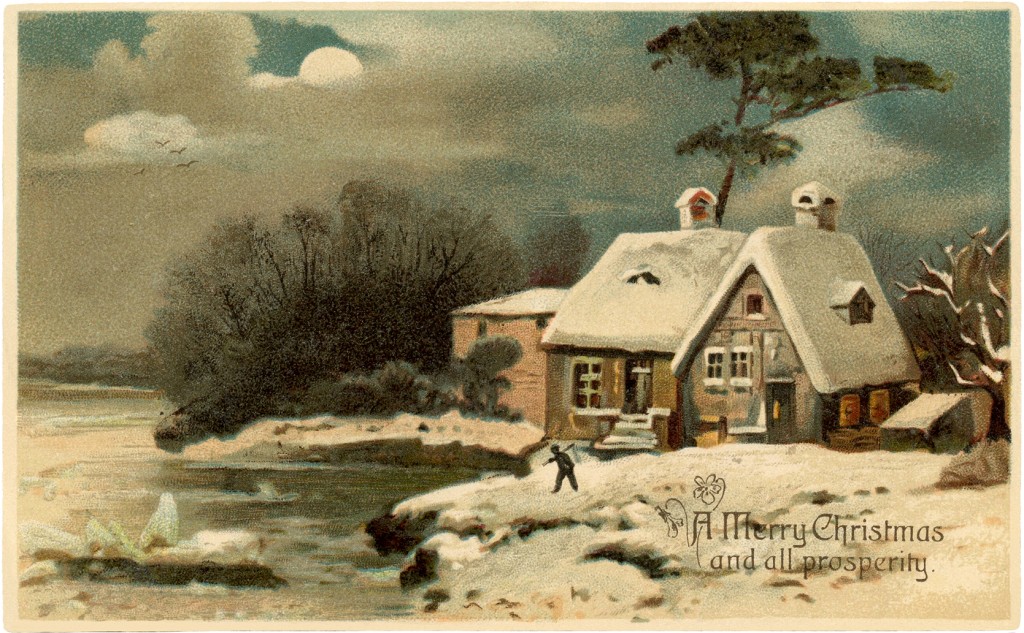 Pretty Vintage Christmas Cottage Image! - The Graphics Fairy