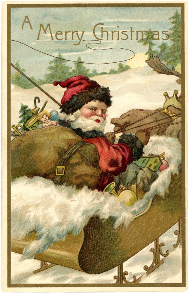 Vintage Santa Sleigh Image with Reindeer