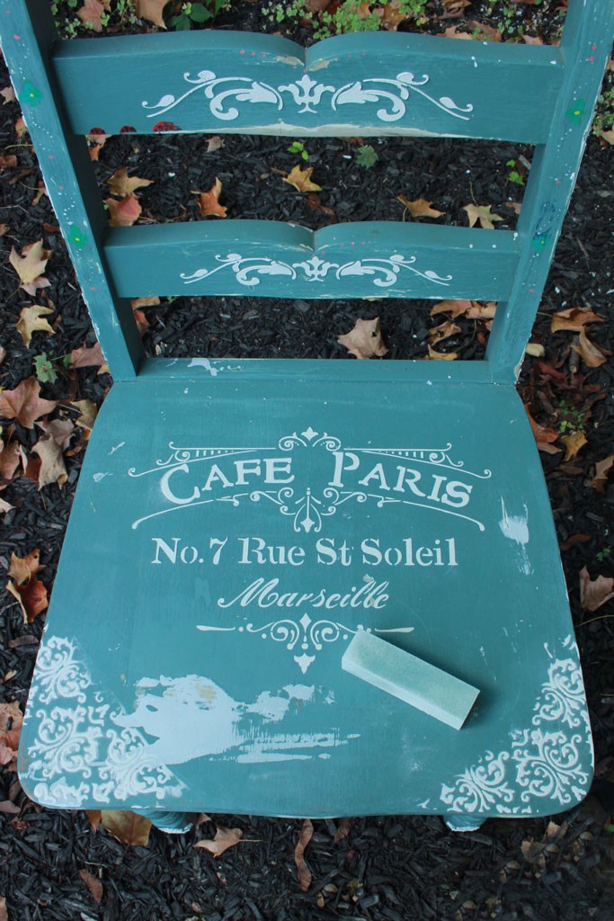 stencil, upcycled chair, joint compound