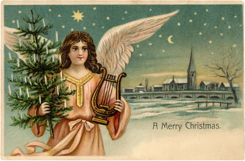 Vintage Pink Angel Holding Christmas Tree and Lyre Image