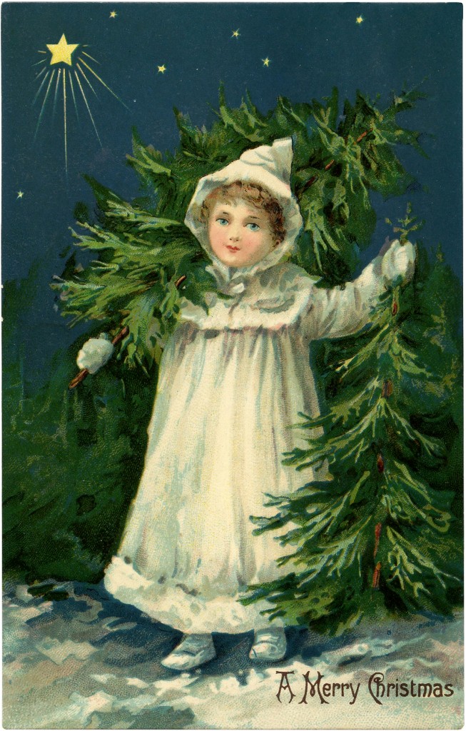 Christmas Tree Graphics with Farm Girl Carrying Trees 