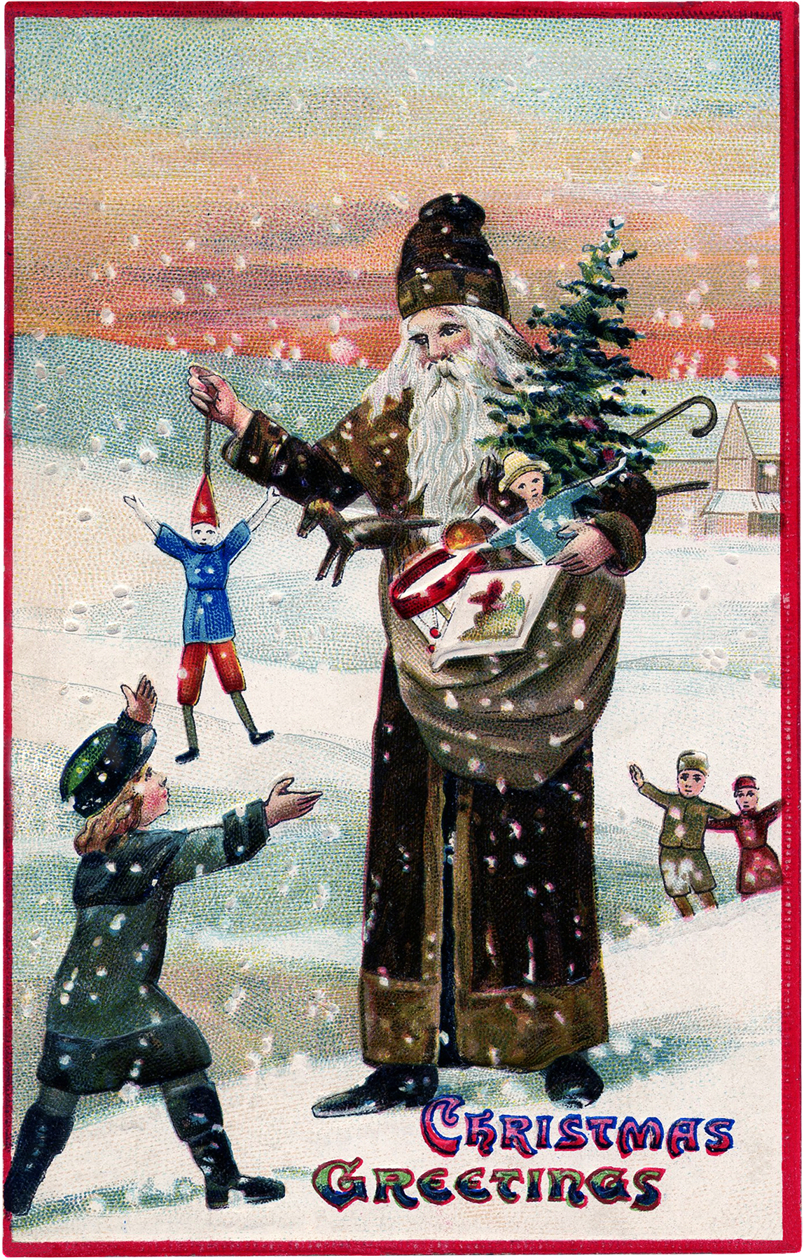 Vintage Christmas Old World Santa Claus Holding Christmas Tree