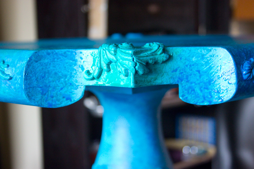 Close up of blue furniture finish