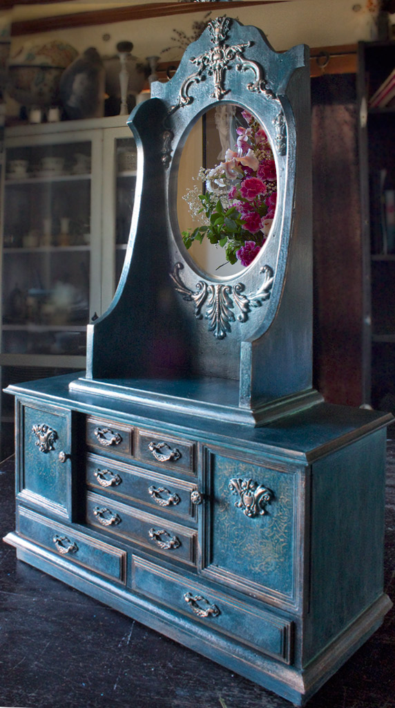 Close up of dresser with mirror