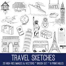 hand drawn travel images with landmarks collage