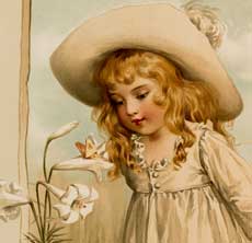 A girl in a dress with hat and flowers