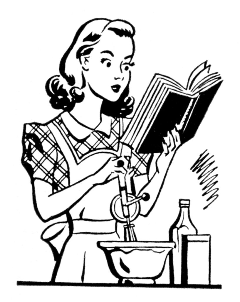 woman cooking with cookbook clipart