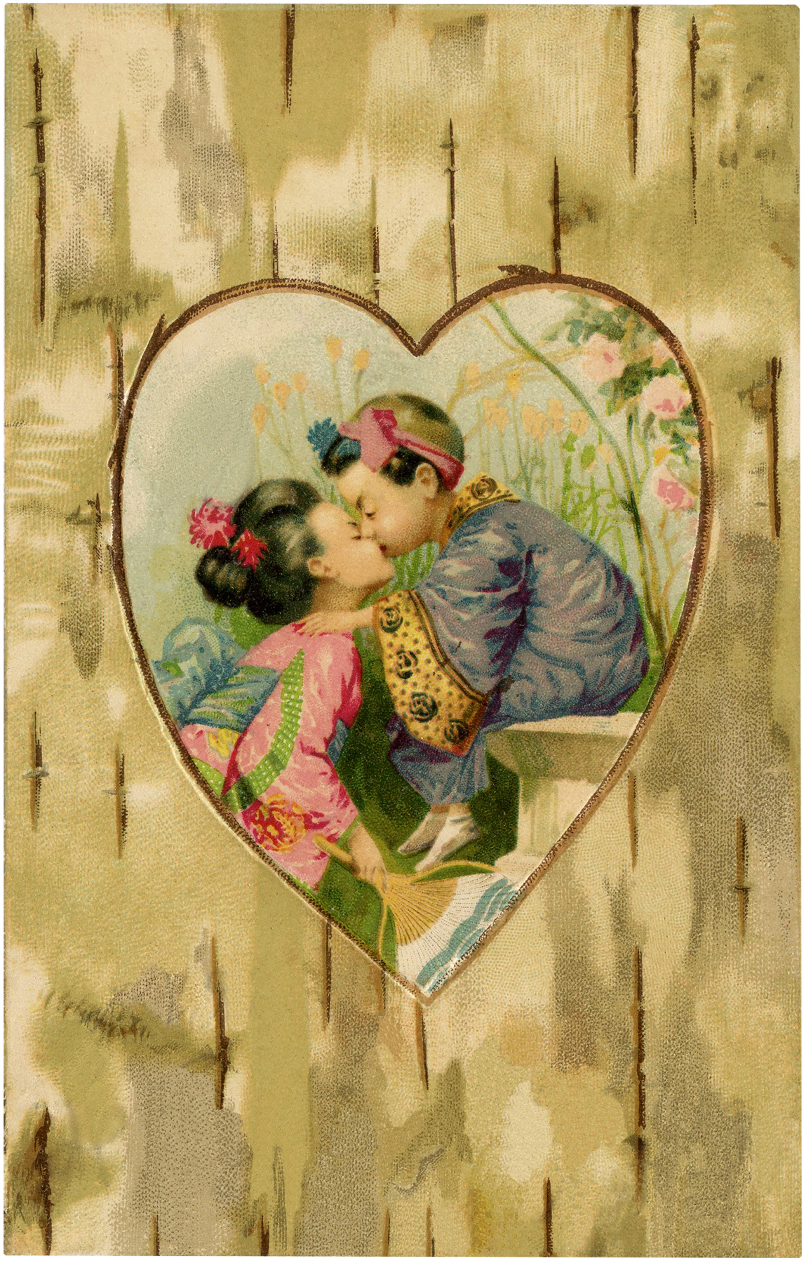 Vintage Children Kissing Image - Asian themed Art - The Graphics Fairy