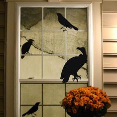 Black Bird decals on Window with Mums