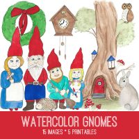 collage of painted gnomes and tree