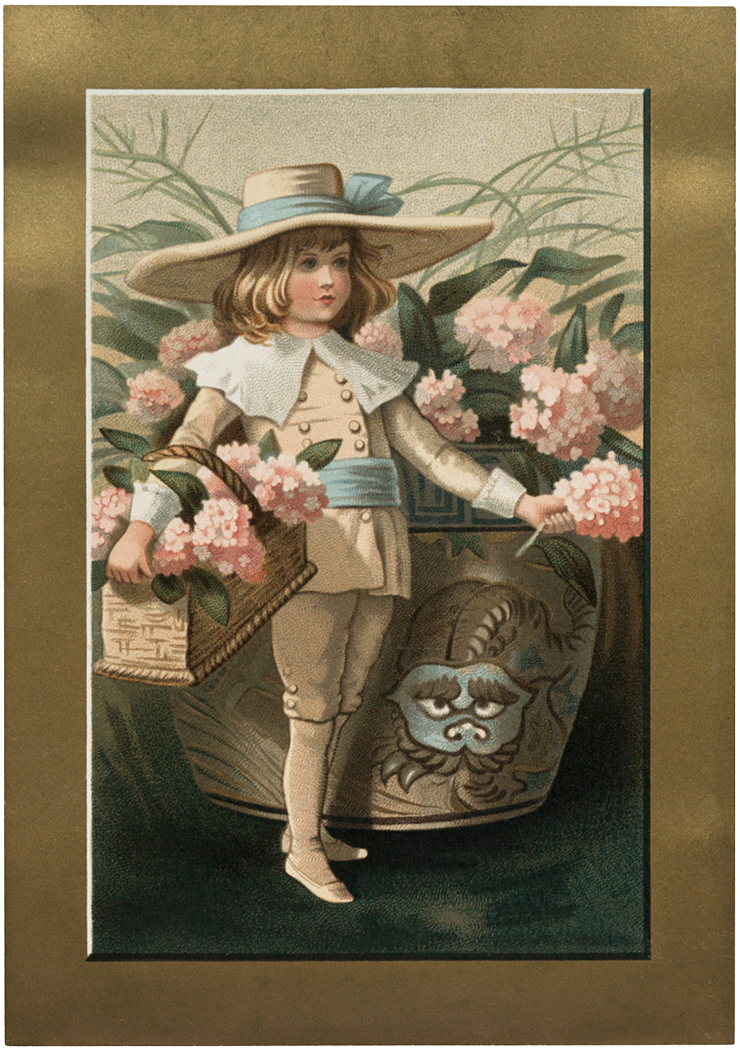 Vintage Foil Art (Set Of 2 )Little Boy Fishing , Little Girl Picking  Flowers